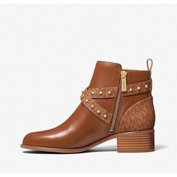 Michael Kors boots kincaid ankle boot leather studded logo boot luggage Size 7.5 - Picture 11 of 12